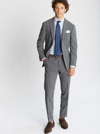 Men's Grey Suit, Light Blue Vertical Striped Dress Shirt, Dark Brown Suede Loafers, Navy Print Tie