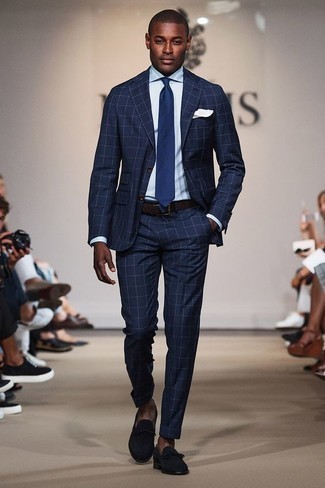 Navy Check Suit Outfits: You're looking at the indisputable proof that a navy check suit and a light blue dress shirt are awesome when teamed together in a refined look for today's man. Add a pair of navy suede loafers to the mix and ta-da: the look is complete.