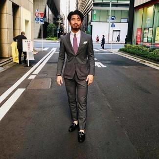 Charcoal Vertical Striped Suit Outfits: For an outfit that's truly camera-worthy, reach for a charcoal vertical striped suit and a white dress shirt. Slip into black leather loafers and the whole outfit will come together perfectly.