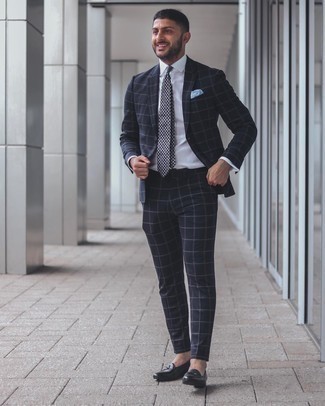 Navy Paisley Tie Outfits For Men: This is indisputable proof that a navy check suit and a navy paisley tie are amazing when married together in a classy look for today's man. Our favorite of a myriad of ways to complement this look is a pair of black leather loafers.