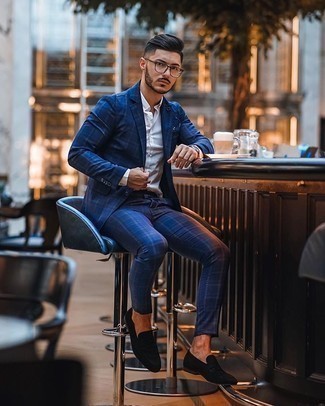 Navy and Green Plaid Suit Outfits: A navy and green plaid suit and a white dress shirt are robust sartorial weapons in any modern gentleman's closet. Black suede loafers integrate really well within a multitude of outfits.