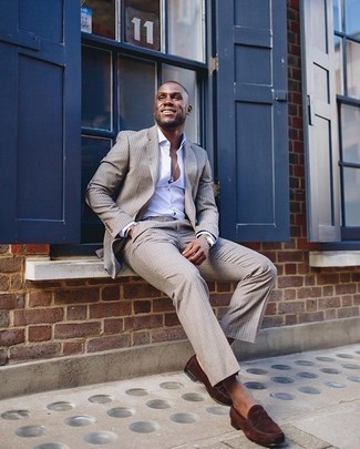 Beige Suit with Dark Brown Suede Loafers Outfits: This combo of a beige suit and a white dress shirt is a safe option when you need to look truly smart. For an on-trend mix, complement this ensemble with a pair of dark brown suede loafers.