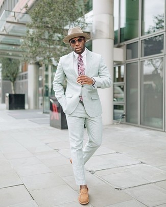 Tan Suede Loafers Outfits For Men: This combo of a mint suit and a white dress shirt is a surefire option when you need to look truly sophisticated. To bring out the fun side of you, add a pair of tan suede loafers to your look.