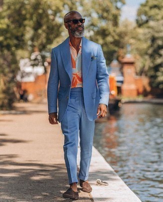 Light Blue Suit Outfits: Consider wearing a light blue suit and a multi colored print dress shirt if you're going for a clean-cut, dapper outfit. A pair of brown suede loafers rounds off this ensemble quite well.