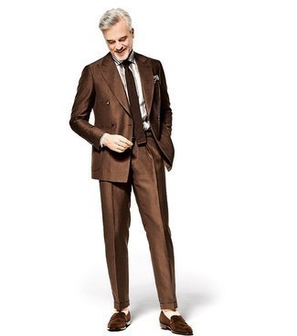 Men's Brown Suit, White Vertical Striped Dress Shirt, Brown Suede Loafers, Dark Brown Knit Tie