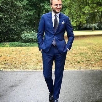 Men's Blue Vertical Striped Suit, Light Blue Vertical Striped Dress Shirt, Navy Fringe Leather Loafers, Navy and White Polka Dot Tie