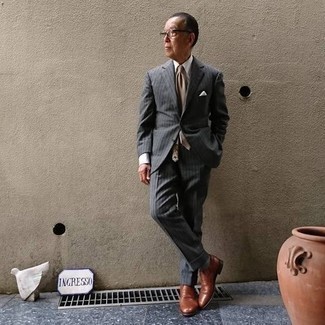 Charcoal Vertical Striped Suit Outfits: A charcoal vertical striped suit and a white dress shirt are absolute wardrobe heroes if you're crafting an elegant wardrobe that matches up to the highest sartorial standards. A pair of tobacco leather loafers integrates smoothly within a multitude of looks.