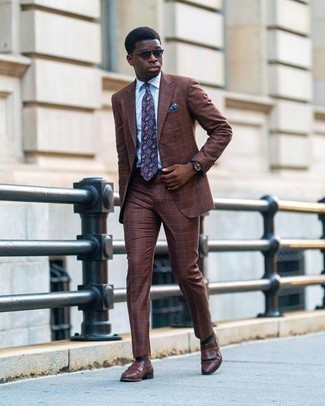 Men's Brown Check Suit, Light Blue Dress Shirt, Brown Fringe Leather Loafers, Navy Paisley Tie