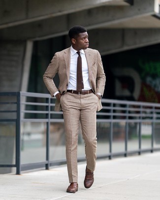 Dark Brown Knit Tie Outfits For Men: Display your elegant side in a beige gingham suit and a dark brown knit tie. A pair of brown fringe leather loafers brings a more dressed-down aesthetic to the look.