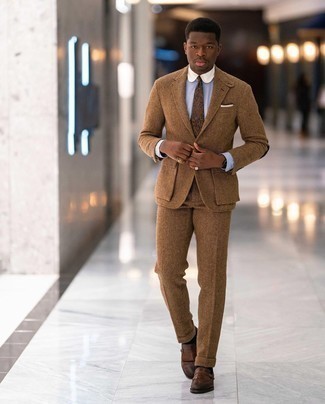 Tobacco Wool Suit Outfits: A tobacco wool suit and a light blue dress shirt? Be sure, this ensemble will make women swoon. And if you need to effortlessly dress down your look with a pair of shoes, why not introduce brown fringe leather loafers to the equation?