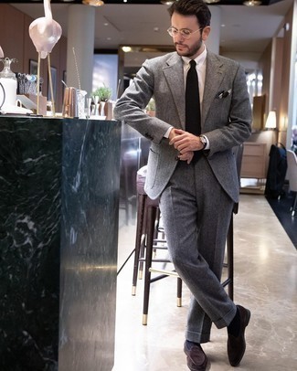 Men's Grey Wool Suit, White Dress Shirt, Dark Brown Suede Loafers, Black Tie