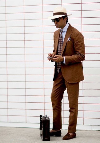 Violet Print Tie Outfits For Men: This combination of a brown suit and a violet print tie is the picture of rugged sophistication. Dial up your ensemble by rocking a pair of dark brown suede loafers.