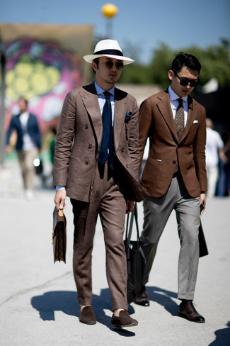 Men's Brown Suit, Light Blue Vertical Striped Dress Shirt, Dark Brown Suede Loafers, Dark Brown Leather Briefcase