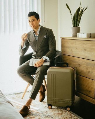 Dark Green Suitcase Outfits For Men: Wear an olive suit with a dark green suitcase to create a casually cool look. Smarten up your look with a pair of brown suede loafers.