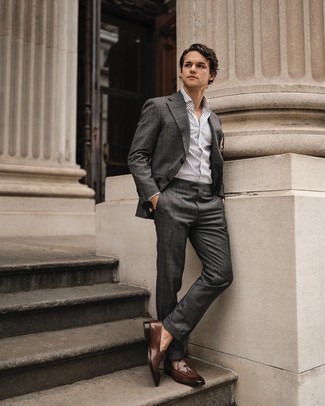 Charcoal Plaid Suit Outfits: Pairing a charcoal plaid suit and a white and black vertical striped dress shirt is a guaranteed way to inject your styling arsenal with some rugged elegance. Complement your outfit with brown leather loafers and ta-da: this outfit is complete.