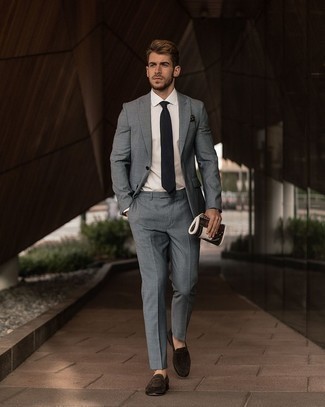 Black and White Print Pocket Square Outfits: Make a grey suit and a black and white print pocket square your outfit choice to feel infinitely confident and look trendy. Finishing with dark brown suede loafers is the most effective way to bring an element of polish to this outfit.