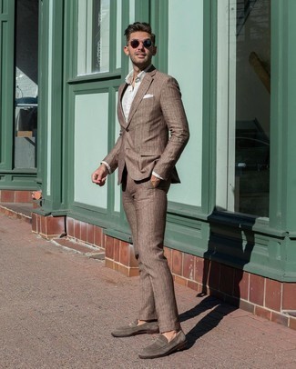 Men's Brown Vertical Striped Suit, White Dress Shirt, Brown Suede Loafers, White Pocket Square
