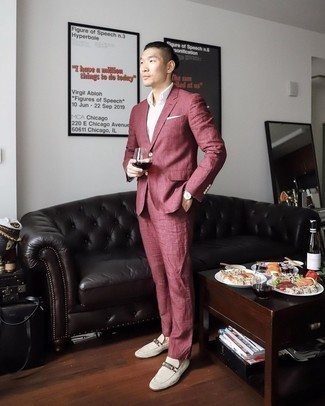 Burgundy Suit Outfits: A burgundy suit and a white dress shirt are absolute mainstays if you're piecing together a classy closet that matches up to the highest sartorial standards. Want to break out of the mold? Then why not add beige suede loafers to the mix?