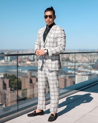 Slim Fit Tonal Plaid Light Gray Suit