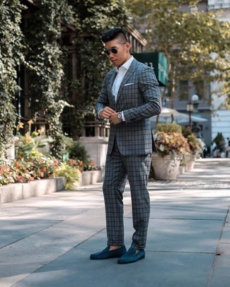 Grey Check Suit Outfits: A grey check suit and a white dress shirt are strong sartorial weapons in any modern gentleman's sartorial arsenal. The whole look comes together when you round off with teal suede loafers.