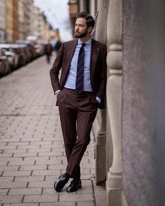 Men's Dark Brown Suit, White and Blue Vertical Striped Dress Shirt, Black Leather Loafers, Navy Horizontal Striped Tie