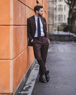 Dark Brown Socks Outfits For Men: This pairing of a dark brown suit and dark brown socks is proof that a pared down off-duty outfit can still look really interesting. Wondering how to finish this outfit? Wear a pair of black leather loafers to turn up the wow factor.