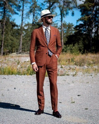 Men's Tobacco Suit, White Dress Shirt, Dark Brown Leather Loafers, White Straw Hat