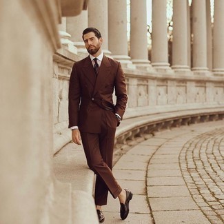 Tobacco Horizontal Striped Tie Outfits For Men: A brown suit and a tobacco horizontal striped tie are among the fundamental elements of a good menswear collection. You could perhaps get a bit experimental with footwear and introduce dark brown leather loafers to this ensemble.