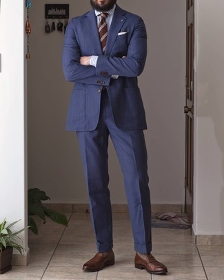 Navy Plaid Suit Outfits: This sophisticated pairing of a navy plaid suit and a grey vertical striped dress shirt is a favored choice among the sartorially superior gentlemen. Look at how well this outfit pairs with brown leather loafers.
