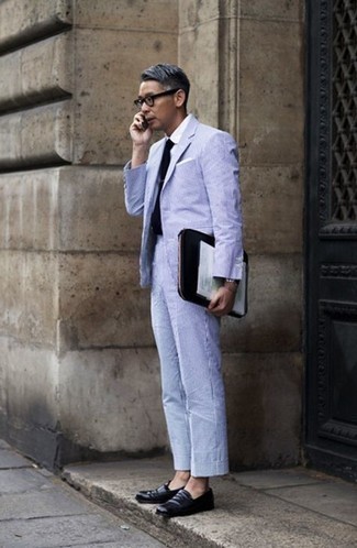Men's Light Blue Vertical Striped Suit, White Dress Shirt, Black Leather Loafers, Black Leather Zip Pouch