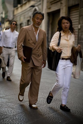 White and Brown Leather Loafers Outfits For Men: Combining a tan suit with a white dress shirt is a wonderful choice for a dapper and polished ensemble. For something more on the daring side to finish your look, add a pair of white and brown leather loafers to the mix.
