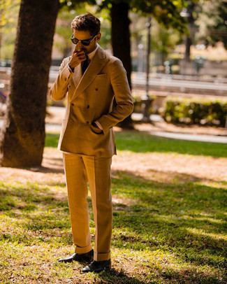 Beige Dress Shirt Outfits For Men: This combination of a beige dress shirt and a tobacco suit is a life saver when you need to look refined and really stylish. A pair of dark brown leather loafers instantly ramps up the appeal of this getup.