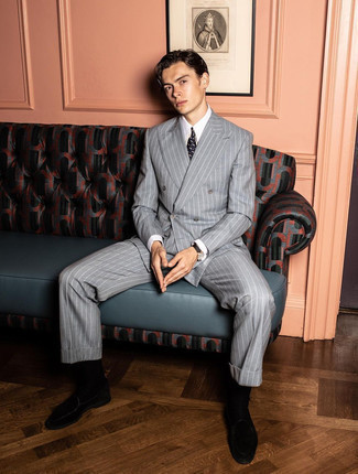 Black Print Tie Outfits For Men: A grey vertical striped suit and a black print tie are among the basic elements of a functional menswear collection. Infuse a dose of stylish casualness into this look by slipping into black suede loafers.