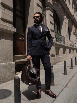 Men's Navy Suit, White Dress Shirt, Dark Brown Fringe Leather Loafers, Dark Brown Leather Holdall