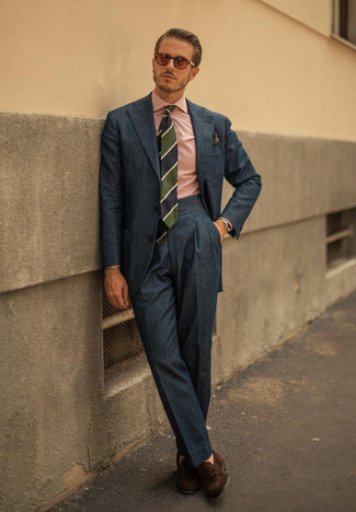 Pink Sunglasses Outfits For Men: If you like laid-back style, why not take this combo of a navy suit and pink sunglasses for a spin? Dark brown suede loafers are an effortless way to punch up your look.
