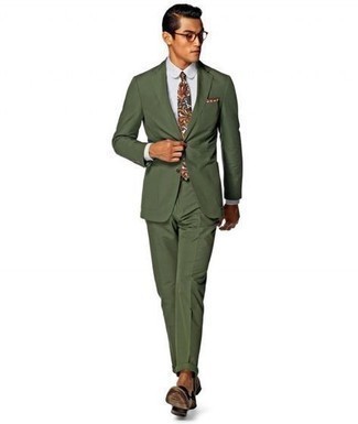 Men's Olive Suit, White Dress Shirt, Dark Brown Leather Loafers, Multi colored Paisley Tie