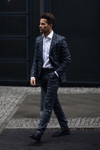Navy Plaid Suit Outfits: Opt for a navy plaid suit and a white dress shirt for an incredibly stylish outfit. Add a pair of black leather loafers to the mix and you're all done and looking smashing.