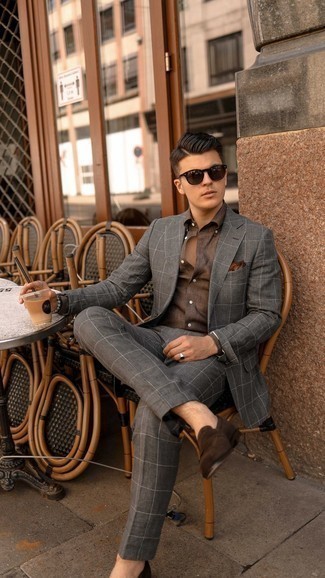 Dark Brown Dress Shirt Outfits For Men: Swing into something sophisticated and timeless with a dark brown dress shirt and a charcoal check suit. Dark brown suede loafers serve as the glue that will tie this look together.