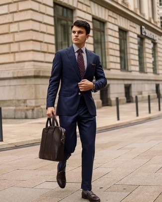 Dark Brown Leather Briefcase Summer Outfits: Want to infuse your closet with some effortless dapperness? Try teaming a navy vertical striped suit with a dark brown leather briefcase. Here's how to polish off this look: dark brown leather loafers. As you can see here, this is a neat idea for summer.