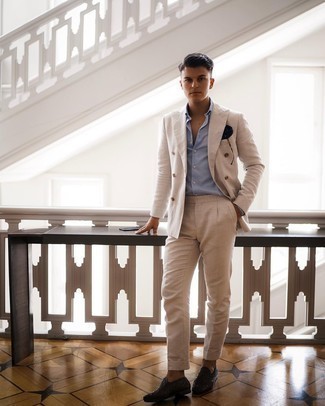 Beige Suit Outfits: This sophisticated pairing of a beige suit and a light blue dress shirt will cement your outfit coordination expertise. Dark brown woven leather loafers are a fail-safe way to add a touch of stylish casualness to this outfit.