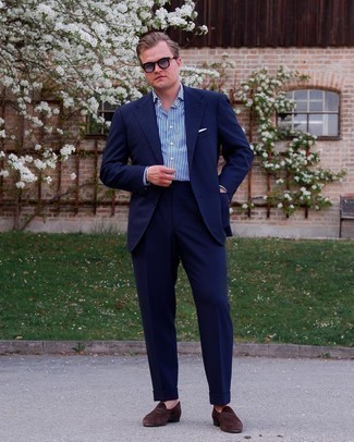 Aquamarine Sunglasses Outfits For Men: Reach for a navy suit and aquamarine sunglasses for a casual and fashionable look. Put a more elegant spin on your ensemble by wearing a pair of dark brown suede loafers.