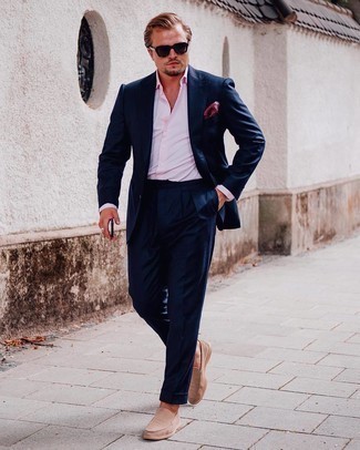 Tan Suede Loafers Outfits For Men: Wear a navy suit with a pink dress shirt - this look is guaranteed to make heads turn. Ramp up the appeal of your getup by slipping into a pair of tan suede loafers.