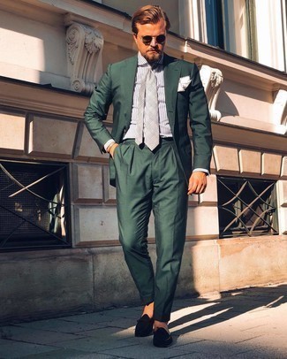 Men's Dark Green Suit, White and Black Vertical Striped Dress Shirt, Black Suede Loafers, Grey Plaid Tie