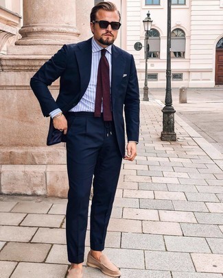 Burgundy Knit Tie Outfits For Men: The wardrobe of any gentleman should always include such staples as a navy suit and a burgundy knit tie. For something more on the daring side to round off this look, complement this ensemble with tan suede loafers.