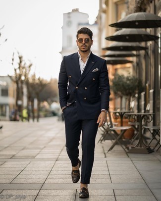 Tobacco Beaded Bracelet Outfits For Men: Channel your inner cool-kid and pair a navy suit with a tobacco beaded bracelet. If you wish to instantly rev up this look with one item, why not complete your look with a pair of dark brown leather loafers?