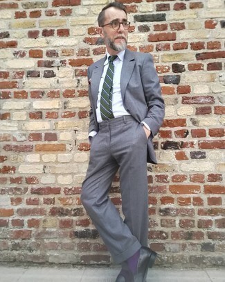 Men's Grey Suit, White Dress Shirt, Black Leather Loafers, Dark Green Horizontal Striped Tie