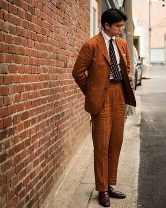 White Pocket Square Warm Weather Outfits: Wear a tobacco suit and a white pocket square to create a day-to-day ensemble that's full of charisma and personality. A great pair of dark brown leather loafers is a simple way to punch up your outfit.
