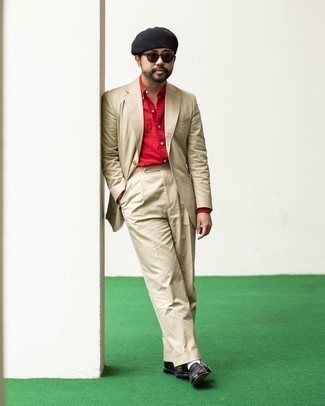 Tan Suit Outfits: Make a tan suit and a red dress shirt your outfit choice if you're aiming for a proper, stylish look. For an on-trend on and off-duty mix, complete this getup with black leather loafers.