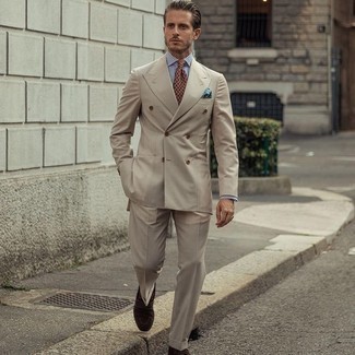Tan Suit Outfits: This pairing of a tan suit and a white and navy vertical striped dress shirt comes in handy when you need to look elegant and incredibly smart. If in doubt as to the footwear, complete your ensemble with dark brown suede loafers.