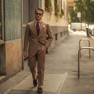 Brown Sunglasses Outfits For Men: This combination of a brown suit and brown sunglasses is very easy to pull together and so comfortable to rock a version of all day long as well! Go off the beaten path and break up your outfit by finishing off with a pair of dark brown suede loafers.